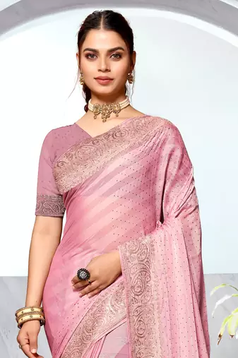 Pink Heavy Zari Embroidered Siroski Stone Border Art Silk Party Wear Saree With Matching Blouse Piece