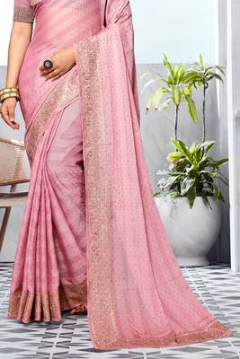 Pink Heavy Zari Embroidered Siroski Stone Border Art Silk Party Wear Saree With Matching Blouse Piece 4