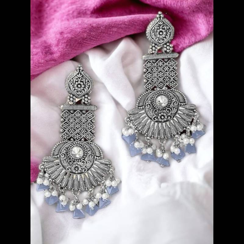 Traditional silver oxidised antique stylish zircon metal drops & danglers