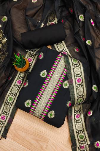 Black Chanderi Banarasi silk zari woven design dress material