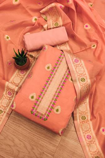 Peach Chanderi Banarasi silk zari woven design dress material
