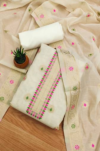 White Chanderi Banarasi silk zari woven design dress material