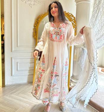 White Faux Georgette Designer Embroidery Party Wear Top Palazzo & Dupatta Set Stitched 1