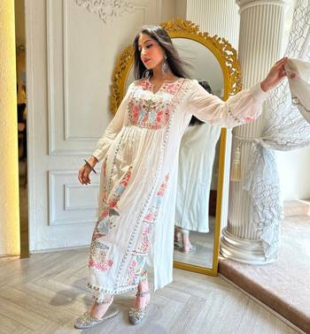 White Faux Georgette Designer Embroidery Party Wear Top Palazzo & Dupatta Set Stitched 2