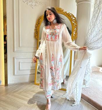 White Faux Georgette Designer Embroidery Party Wear Top Palazzo & Dupatta Set Stitched 3