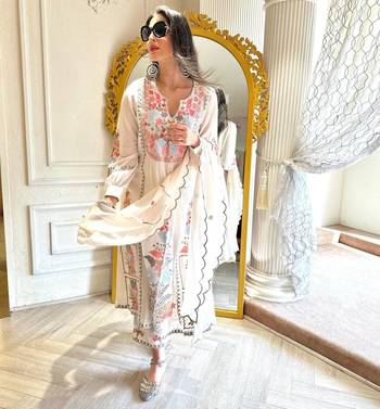 White Faux Georgette Designer Embroidery Party Wear Top Palazzo & Dupatta Set Stitched 4