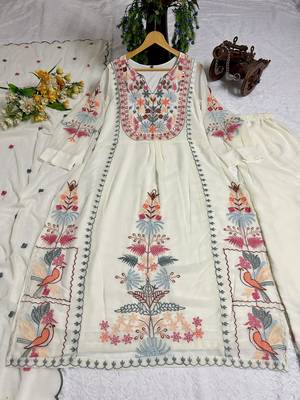 White Faux Georgette Designer Embroidery Party Wear Top Palazzo & Dupatta Set Stitched 5