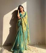 Teal Silk Blend Plain Partywear Saree