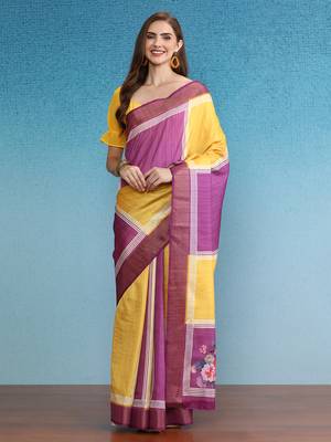 Color Blocked Zari Border Printed Silk Blend Saree With Blouse Piece 1