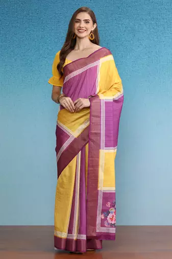 Color Blocked Zari Border Printed Silk Blend Saree With Blouse Piece