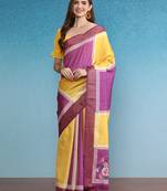 Color Blocked Zari Border Printed Silk Blend Saree With Blouse Piece