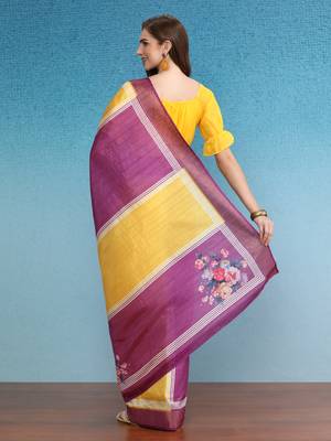 Color Blocked Zari Border Printed Silk Blend Saree With Blouse Piece 2