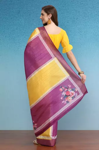 Color Blocked Zari Border Printed Silk Blend Saree With Blouse Piece