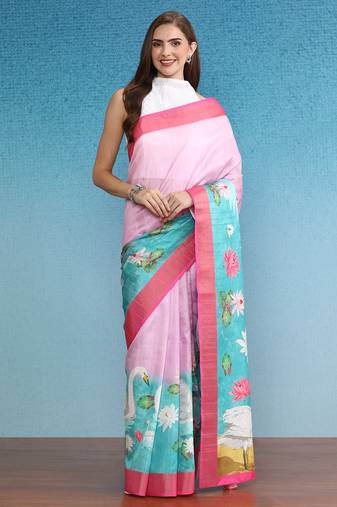 Oversized Animal Printed Zari Border Silk Blend Saree With Blouse Piece