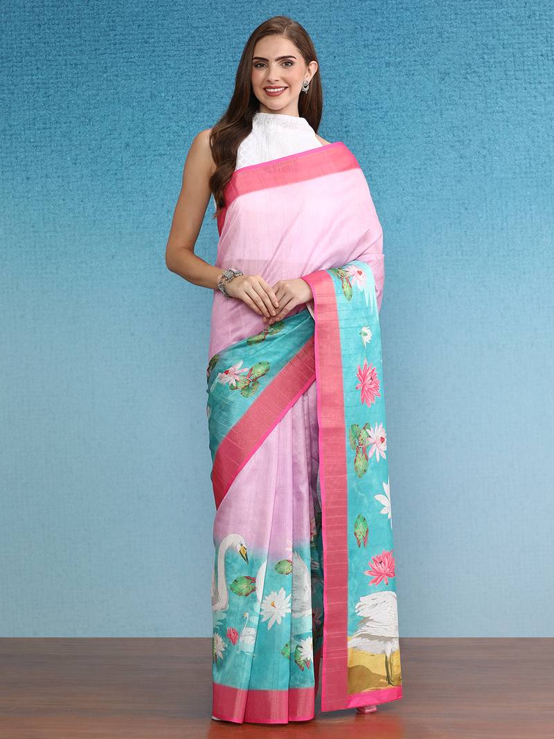 Oversized Animal Printed Zari Border Silk Blend Saree With Blouse Piece