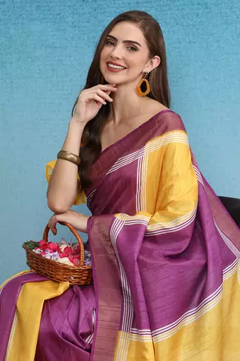 Color Blocked Zari Border Printed Silk Blend Saree With Blouse Piece