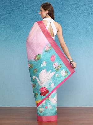 Oversized Animal Printed Zari Border Silk Blend Saree With Blouse Piece 2