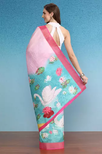 Oversized Animal Printed Zari Border Silk Blend Saree With Blouse Piece