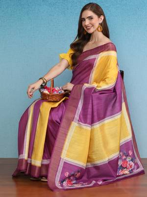 Color Blocked Zari Border Printed Silk Blend Saree With Blouse Piece 4