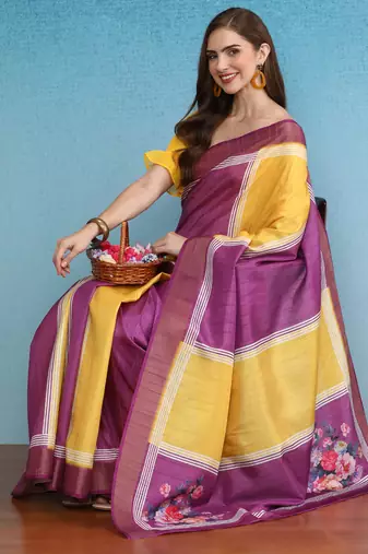 Color Blocked Zari Border Printed Silk Blend Saree With Blouse Piece