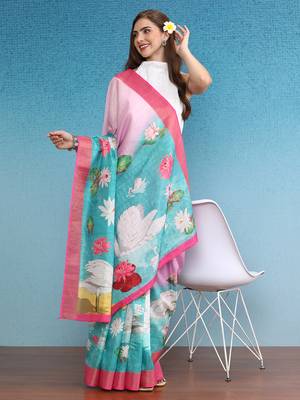 Oversized Animal Printed Zari Border Silk Blend Saree With Blouse Piece 4
