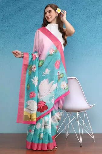 Oversized Animal Printed Zari Border Silk Blend Saree With Blouse Piece