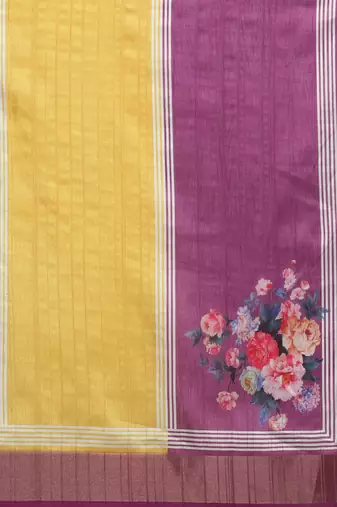 Color Blocked Zari Border Printed Silk Blend Saree With Blouse Piece