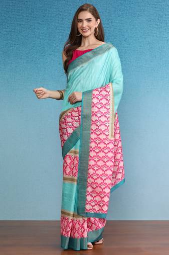 Chevron Striped Digital Printed Colorblocked Saree With Blouse Piece