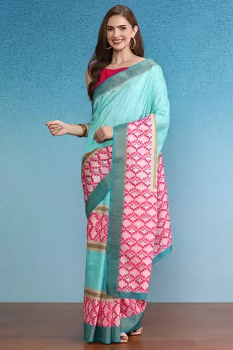 Chevron Striped Digital Printed Colorblocked Saree With Blouse Piece
