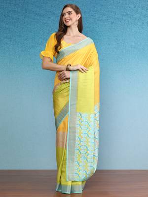 Color Blocked Zari Border Printed Silk Blend Saree With Blouse Piece 1
