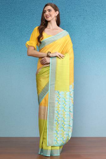 Color Blocked Zari Border Printed Silk Blend Saree With Blouse Piece