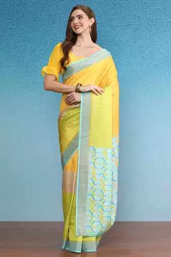 Color Blocked Zari Border Printed Silk Blend Saree With Blouse Piece