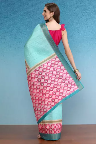 Chevron Striped Digital Printed Colorblocked Saree With Blouse Piece