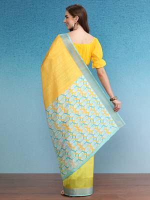 Color Blocked Zari Border Printed Silk Blend Saree With Blouse Piece 2