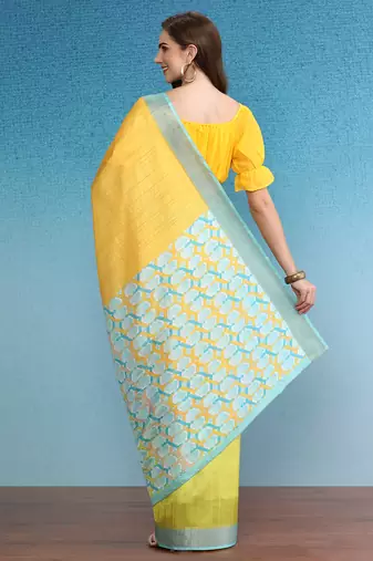 Color Blocked Zari Border Printed Silk Blend Saree With Blouse Piece