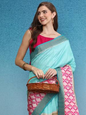 Chevron Striped Digital Printed Colorblocked Saree With Blouse Piece 3