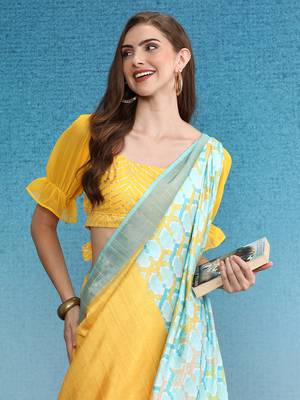 Color Blocked Zari Border Printed Silk Blend Saree With Blouse Piece 3