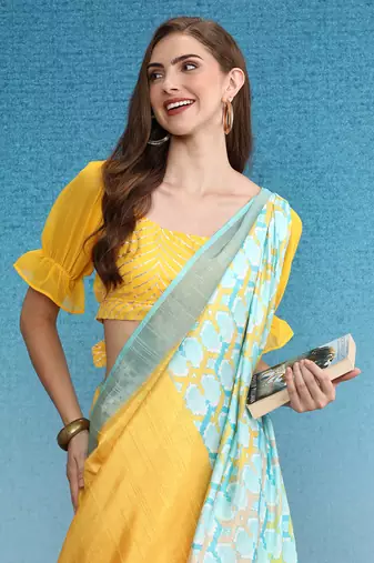Color Blocked Zari Border Printed Silk Blend Saree With Blouse Piece
