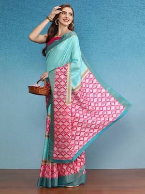 Chevron Striped Digital Printed Colorblocked Saree With Blouse Piece 4