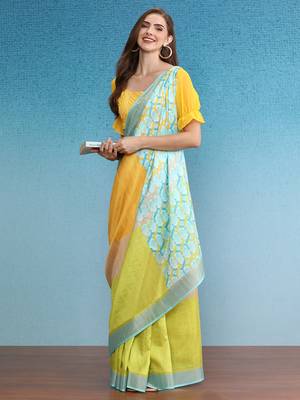 Color Blocked Zari Border Printed Silk Blend Saree With Blouse Piece 4