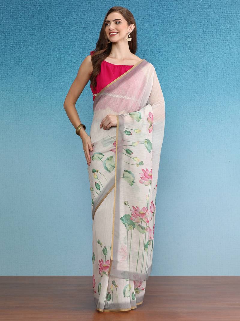 Chanderi Cotton Digital Printed Saree With Blouse Piece