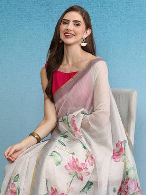 Chanderi Cotton Digital Printed Saree With Blouse Piece 4
