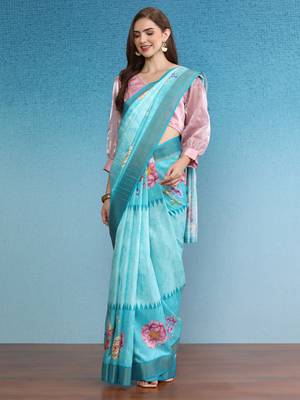 Vibrant Hues Digital Printed Zari Border Silk Blend Saree With Blouse Piece 1