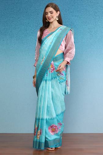 Vibrant Hues Digital Printed Zari Border Silk Blend Saree With Blouse Piece