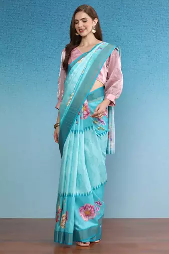Vibrant Hues Digital Printed Zari Border Silk Blend Saree With Blouse Piece