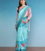 Vibrant Hues Digital Printed Zari Border Silk Blend Saree With Blouse Piece
