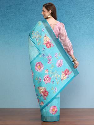 Vibrant Hues Digital Printed Zari Border Silk Blend Saree With Blouse Piece 2