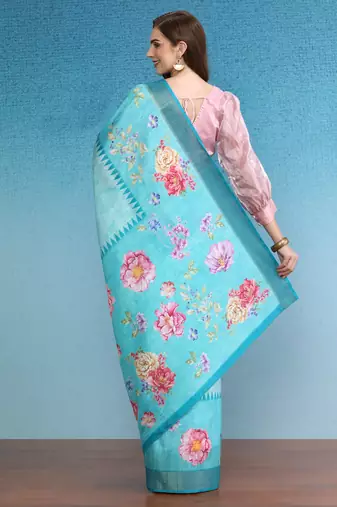 Vibrant Hues Digital Printed Zari Border Silk Blend Saree With Blouse Piece