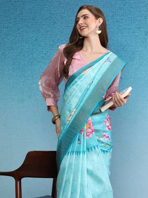 Vibrant Hues Digital Printed Zari Border Silk Blend Saree With Blouse Piece 3