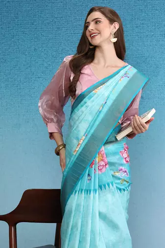 Vibrant Hues Digital Printed Zari Border Silk Blend Saree With Blouse Piece